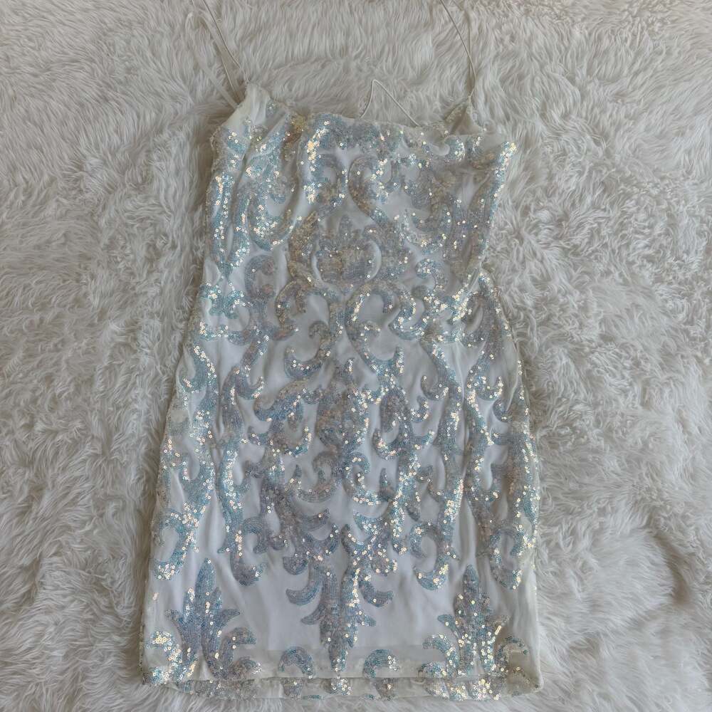 B. Darlin Women's White Sequin Embellished Mesh Spaghetti Strap Mini Dress Size